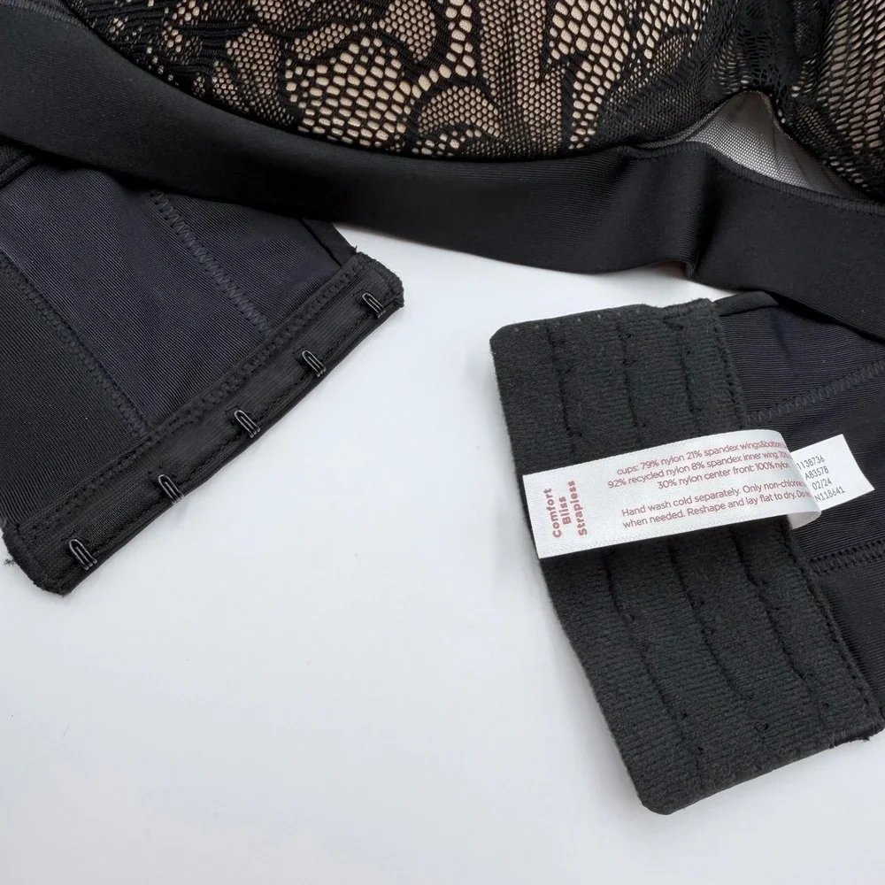 Cacique Comfort Bliss Strapless Bra 44DD Black Floral Lace Multi Way Straps
